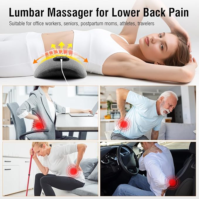 USUIE 3-in-1 Rechargeable Electric Lumbar Support Pillow with Heat & Massage & Traction, Ergonomic Lower Back Massager for Pain Relief Deep Tissue, Ideal for Car/Bed/Sleeping/Office Chair/Travel