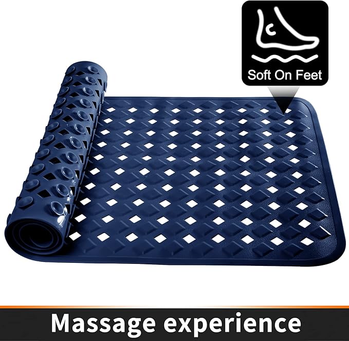 Yimobra Non Slip Bath Mat, Super Strong Suction Cups,34.5"x15.5"Long Tub Mat with Drain Holes, Machine Washable Fast Draining Shower Mats, Bathroom Essentials,Navy Blue