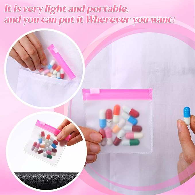 Sherr 35 Pcs Pill Pouch Bags with Zipper Pill Pouch Set Travel Reusable Translucent Medicine Organizer Self Sealing Plastic Bag with Slide Lock for Storage(Gradient Pink,3 x 3 Inch,Blank Style)