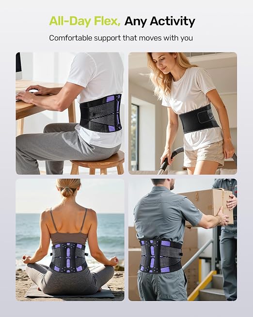 Rakiie Slim Back Brace for Lower Back Pain Relief, Lightweight & Breathable Back Support Brace for Men Women, Ergonomic Light Lumbar Support for Everyday Wear, Purple XL