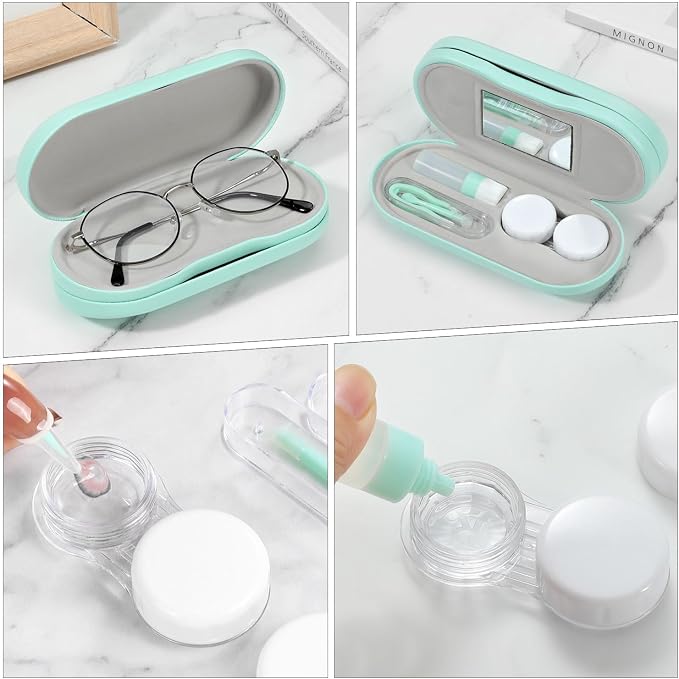 MoKo Double Eyeglass Case, Contact Lens Case with Mirror Tweezers Remover, 2 in 1 Double Sided Portable Contact Lens Box Holder Container Soak Storage Kit Sunglasses Pouch for Men & Women, Green