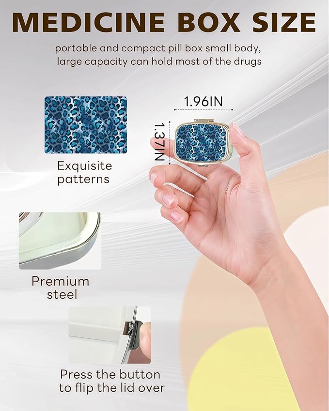 LRITER Pill Case, 2 Compartment Portable Small Travel Pill Organizer for Purse and Pocket, Stylish Medicine Case with Multiple Patterns, Daily Pillbox for Home & Travel (Blue Leopard Print)