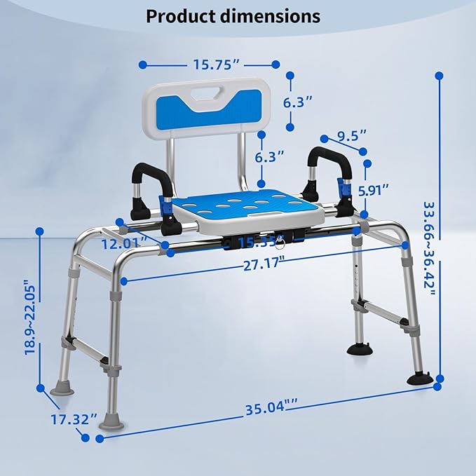 Sliding Shower Chair with Arms and Back, 500lbs Tub Transfer Benches with Non Slip Aluminum Body and Suction Cups Adjustable Height Bath Seats for Seniros Elderly Disabled or Bariatric Adults