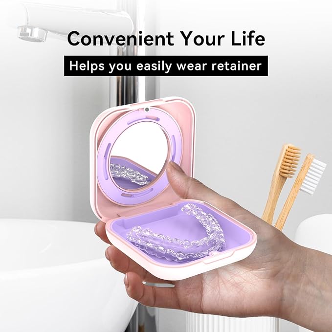 HEMILAB® Retainer Case, Slim Aligner Case with Vent Holes, Compatible with Invisalign, Mouth Guard Case with Mirror, Cute Orthodontic Retainer Case with Retainer Removal Tool and Brush, Pink