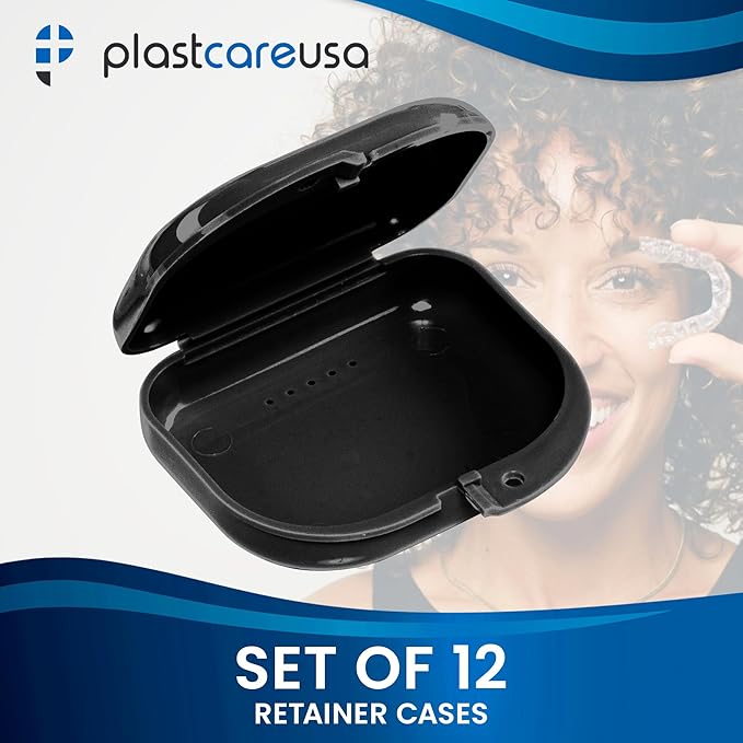 Black Retainer Case Box - Individually Sealed, Dental Storage Container for Retainers, Aligners, Mouth Guards, Invisalign - Bag of 12 Cases