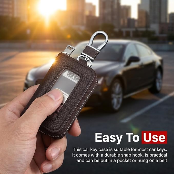 1PC Car Key Fob Case, Leather Car Key Holder for Purse, Automotive Smart Key fob Holder with Hook, for Remote Key Fob