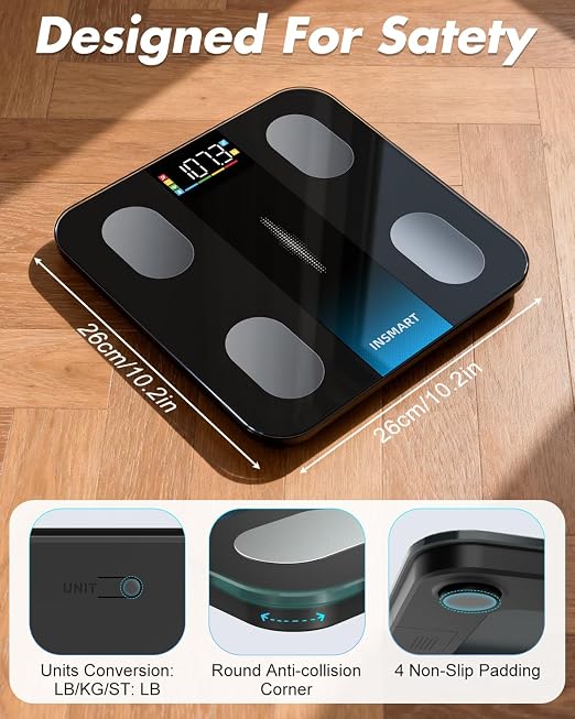 Smart Scale for Body Weight, INSMART Bluetooth Digital Bathroom Scale with BMI, Body Fat, Muscle Mass, High Accurate Large Display 16 Body Composition Weighing Machine Sync with App, 400 lbs (Black)