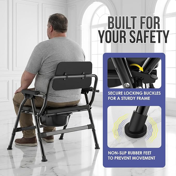 Extra Wide Bariatric Bedside Commode Chair, 600 lb Heavy Duty Portable Toilet for Adults & Seniors, Foldable Commode Chair with Tool-Free Assembly, Enlarged Seat, Bucket & Lid for Elderly Disabled