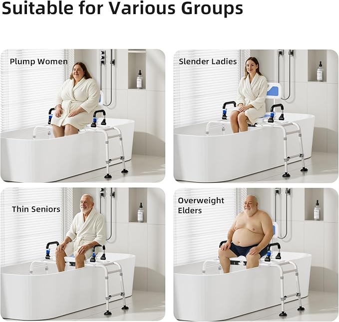 Tub Transfer Bench and Shower Chair with Non Slip Aluminum Body Adjustable Seat Height and Cut Out Access
