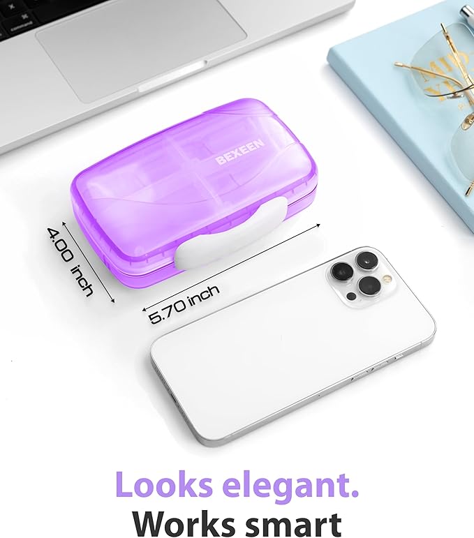 Travel Pill Organizer – Moisture-Proof Medicine Pill Organizer with Labels, 8 Compartment Pill Box Case for Vitamins & Supplements, Portable Pocket Pharmacy (Purple)