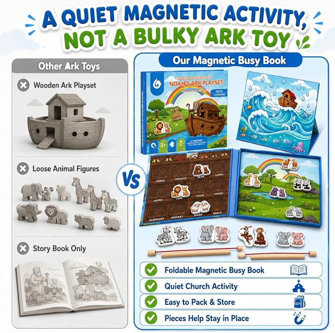 Travofun Magnetic Travel Games, Travel Toys for Toddlers 3-5, Noah's Ark | Magnetic fishing game plus matching, spelling, and story play; a quiet travel toy for toddlers 3-5 on car rides and planes.