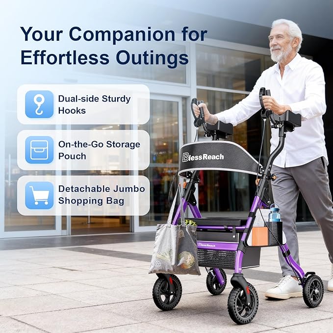 Heavy Duty Upright Rollator Walker for Seniors, 450lb Capacity, 6 Height Adjustments, 8" All-Terrain Wheels, Padded Seat & Backrest, Easy Assembly, Foldable Design (Purple)