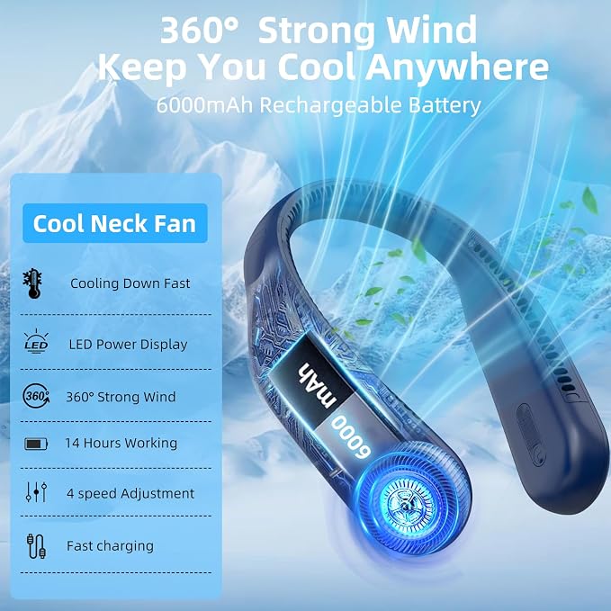 Portable Neck Fan, Personal Wearable Bladeless Fan, 6000mAh USB Rechargeable, 360° Airflow, LED Display, 4-Speeds, Hands Free Fan for Outdoor Indoor, Birthday Gifts for Men Women Dad Mom (Blue)