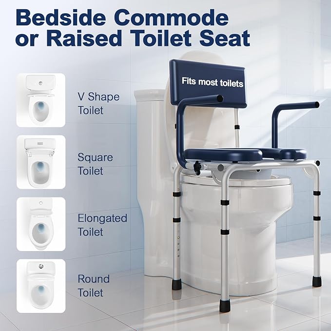 Drop Arm Bedside Commode, Commode Toilet with Padded Seat and Backrest, 300lbs Capacity, 6.3QT Removable Bucket and Splash Guard, Adjustable Height Portable Toilet for Adults, Blue