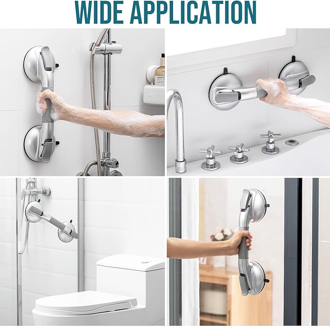 TAILI Grab Bars for Bathtubs and Showers,2 Pack Shower Handles for Elderly Suction,Maximum 330lbs,Shower Bar with Upgraded Rubber Suction Cups,Safety Grip for Senior, No Drilling Removable,Silver