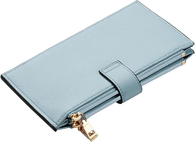 Travelambo Womens Leather Bifold Wallet, Slim RFID Blocking Card Holder | Large Capacity, 16 Card Slots & ID Window, 2 Zipper Pockets, Dual Snap Closure, Slim Lightweight, RFID Privacy Protection