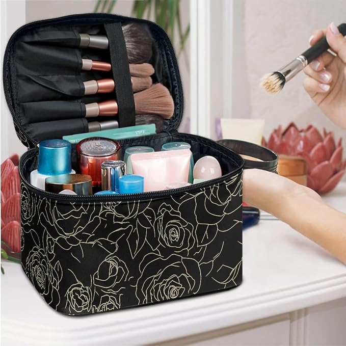 Rose Flowers Large Travel Toiletry Bag for Women Makeup Bags, Line Drawing Roses Floral Dopp Kit Portable Cosmetic Organizer for Toiletries