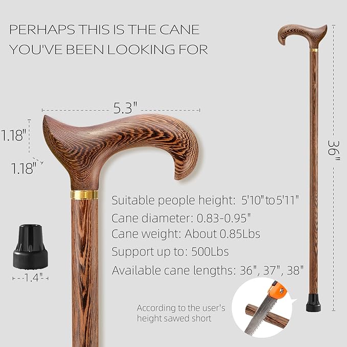 Walking Cane, Available in Multiple Inches Wooden Cane Support up to 500 Lbs, Suitable for Fancy Wooden Walking Cane for Men and Women with Extreme Demands