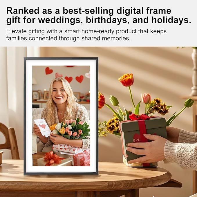 Frameo 15.6 Inch Large Digital Photo Frame, Digital Picture Frame WiFi with 32GB, 1920 * 1080 IPS HD Touch Screen, Electronic Picture Frame IPS Touch Screen, Auto-Rotate, Gifts for Mom, House Warming