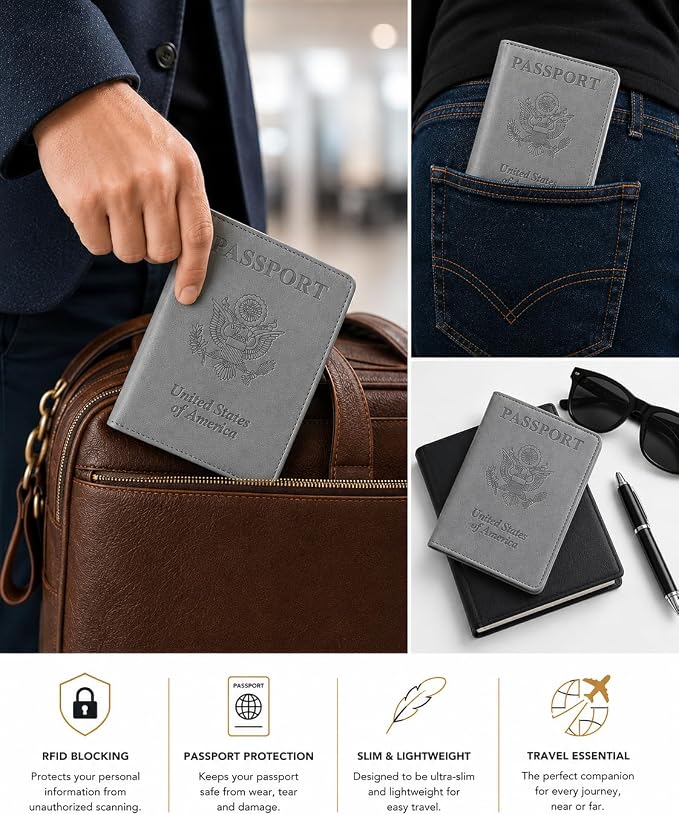Ciana Passport Holder for Travel, RFID Passport Wallet, Leather Passport Cover & Card Holder for Men & Women, Slim Travel Wallet, Passport Case (Gray)