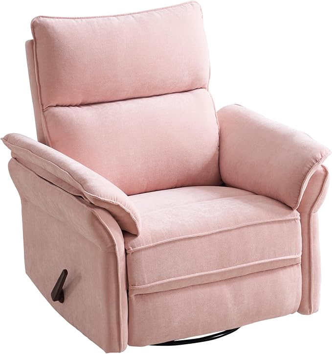 Oversized Recliner Chair, 24" Extra Wide 360° Swivel Rocker Recliner with Adjustable Headrest, Chenille Glider Rocking Nursery Chair with Overstuffed Armrest, Lumbar Support, Pink