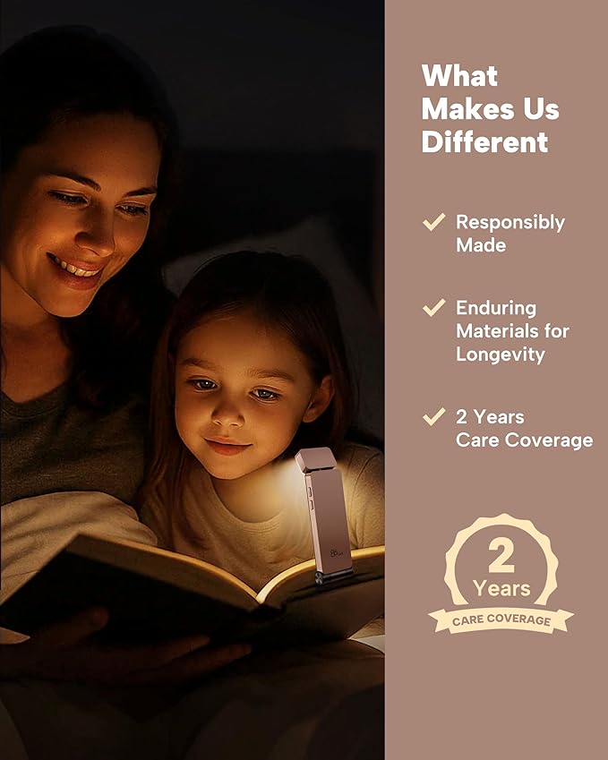 86lux Book Light, Rechargeable Clip-On LED Reading Light for Bed & Night Use - 3 Color Temperatures with Stepless Dimming, Ultralight Bookmark Design for Kids, Book Lovers, Pink Brown