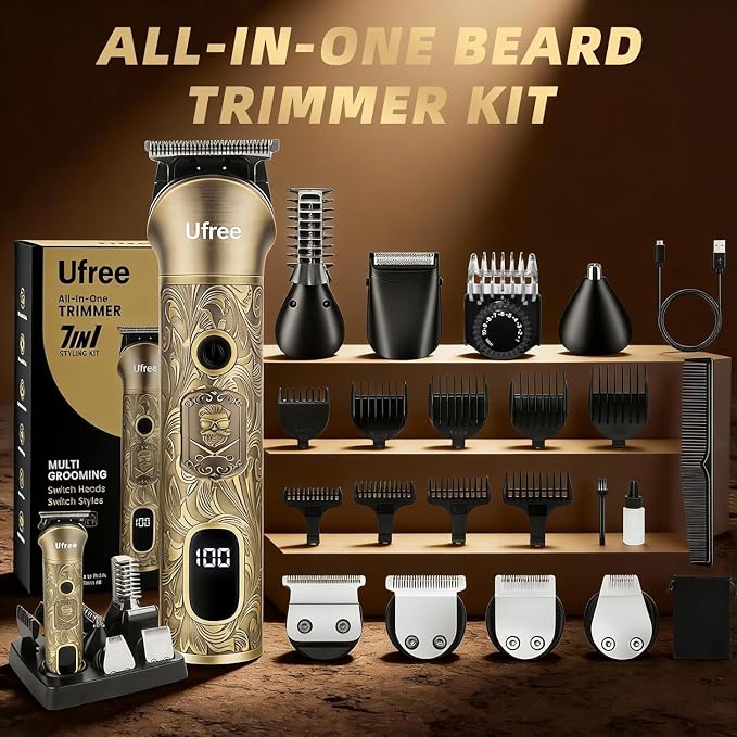 Ufree Beard Trimmer for Men, Electric Razor Shaver, Cordless Hair Clipper Shaving Kit for Mustache Body Nose Ear Hair Facial, Adjustable Beard Grooming Kit Father Birthday Gifts for Men Husband Dad