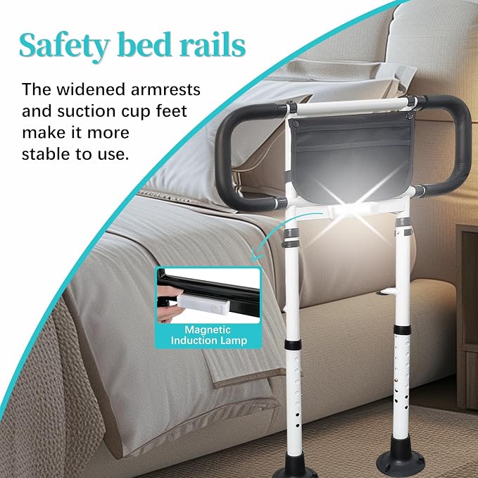 AOHHL Bed Rails for Elderly Adults Safety with Adjustable Heights Storage Pocket Assist Support Side Railings for Seniors Citizens Slides Under Mattressbed Cane Bed Guard Bed (White with Light)