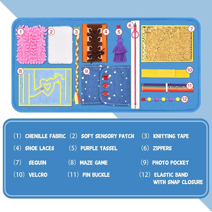 Fidget Blanket, Dementia Activities for Seniors, Alzheimer's Products, Aids in Therapy of Person with Autism, Alzheimers and Dementia. (12 x 24 in)