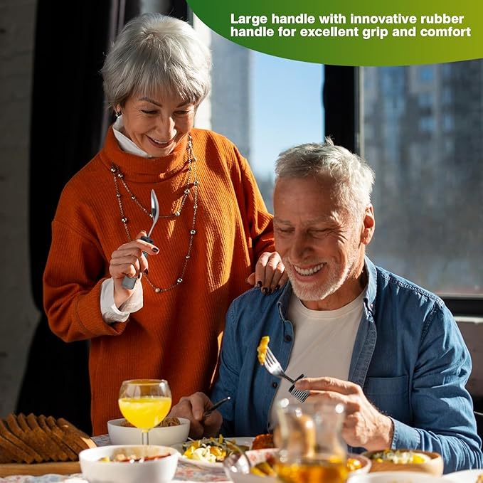 Adaptive Utensils 4 Piece Set Weighted Utensils for Hand Tremors Easy Grip Parkinsons Utensils Extra Wide Handles Built up Utensils for Adults with Knife Fork Spoon for Disabled Arthritis People(Grey)