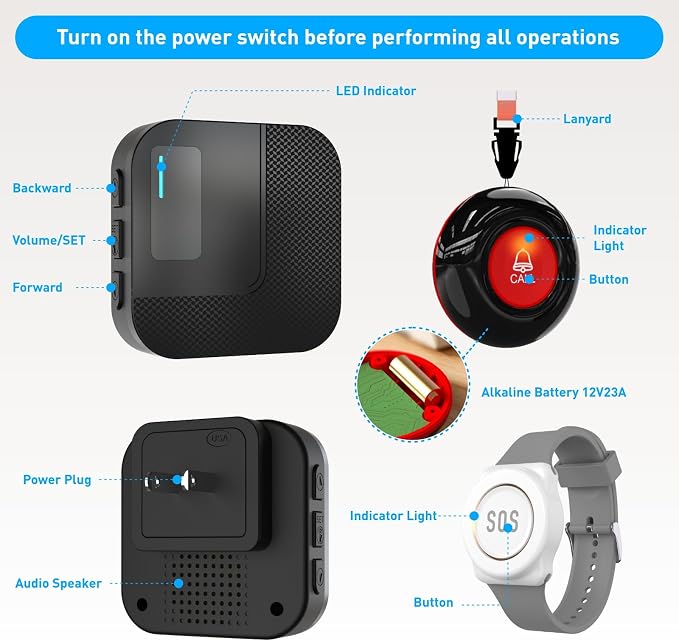 SanJie WiFi Caregiver Pager with Remote App Alerts & Family Sharing, IP55 Water-Resistant Call Button for Elderly at Home, Recovery Care & Night Care, 110dB Loud Alarm & 20 Chimes (Only 2.4GHz Wi-Fi)