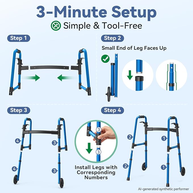 Loyoda Folding Walker with 2 Skis and 5" Wheels, Lightweight Walkers for Seniors and Adults, Supports Up to 350 Pounds, Adjustable Height, Compact Standard Walker, Blue