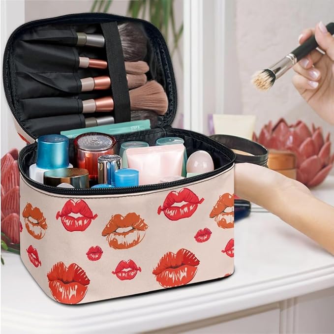 Red Kiss Lips Makeup Bag Travel Cosmetic Bag for Women, Women Lip Pattern Portable Travel Bag for Toiletries Makeup Box