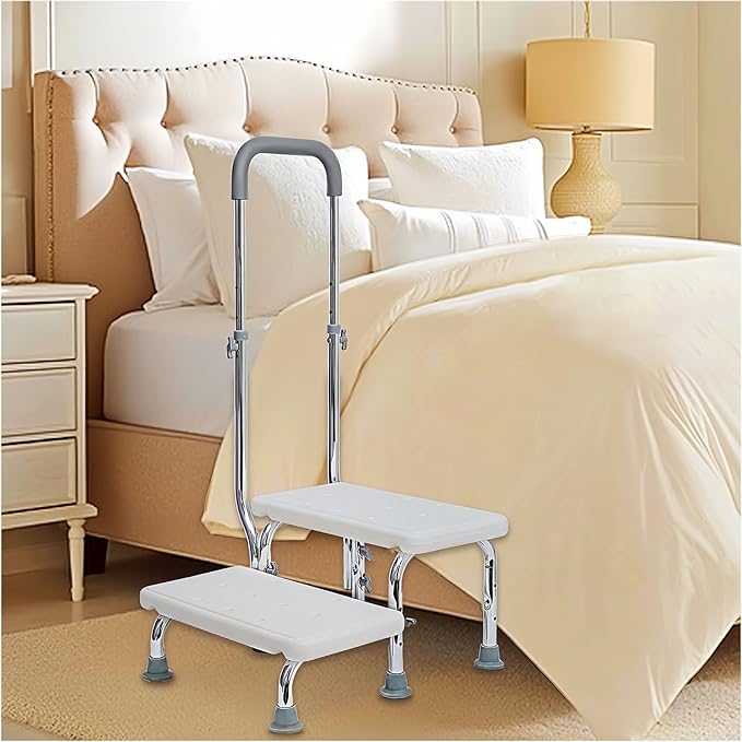 2 Step Stool with Handle for Elderly, Non-Slip Bedside Steps with Adjustable Handrail (450 lbs Capacity)