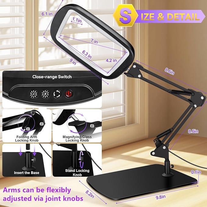 10X 30X Extra Large Magnifying Glass with Light and Stand,7-inch Lighted Magnifier,5 Color Modes Stepless Dimmable,Rectangle Hands-Free Magnifying Glass Desk Lamp for Reading Craft Hobby Close Work LB | 5 Color Modes Dimmable,Lighted Magnifier,Rectangl...