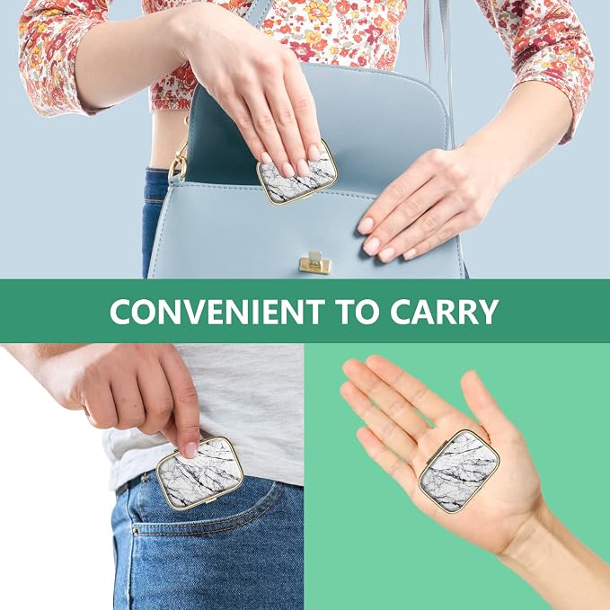 Pill Case Pill Box with Mirror Retro 2 Compartment Small Pill Case for Purse or Pocket Bronze Rectangular Pill Box or Vitamins, Fish Oil, Supplements, Pill Containe Travel Gifts(White Marble)