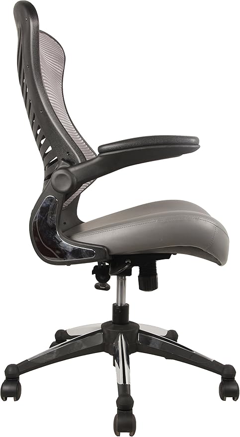 OfficeFactor Executive Ergonomic Computer Office Chair Back Mesh Bonded Leather Seat Flip-up Arms Lumbar Support Molded Foam Seat Adjustable Height Home Office Desk Chair (Grey)