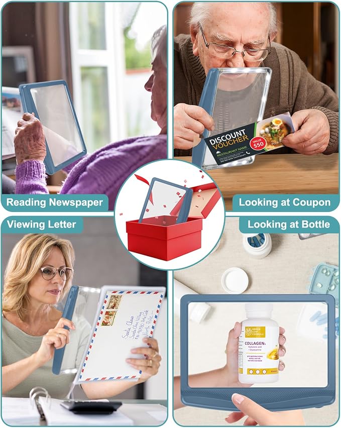 AKKYCVS 6X Rechargeable Magnifying Glass with Light, Large Bright LED Lighted Full Page Magnifier, Lightweight Rectangular Handheld Magnifier with Light for Reading Small Prints for Seniors, Blue