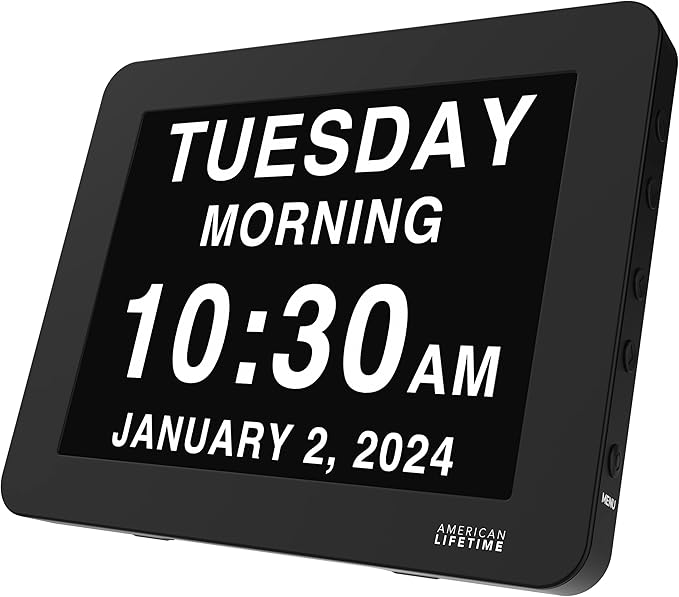 American Lifetime New 2025 Dementia Clock Large Digital Clock for Seniors, Alzeimer Clock Large Display with Custom Alarms, Clock with Day & Date for Elderly, Digital Calendar Premium Black Pro