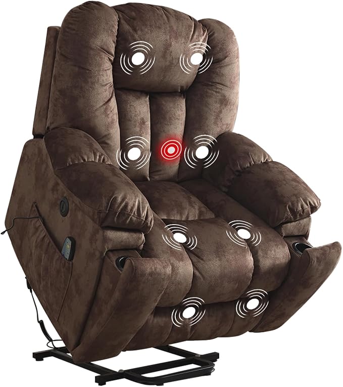 Power Lift Recliner Chair with Massage and Heat for Elderly, Overstuffed Wide Recliners, Heavy Duty and Safety Motion Reclining Mechanism with USB Ports, 2 Concealed Cup Holders, Chocolate
