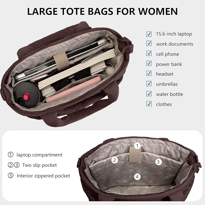 Puffer Tote Bag for Women Quilted Nurse Bag Lightweight Work Bag for Teacher Travel Handbag with Multiple Pockets