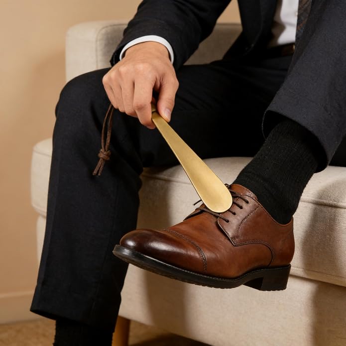 Premium Solid Brass Shoe Horn - Portable Metal Shoe Wearing Helper | Sturdy Short Shoehorn for Travel & Home Daily Use (19.7cm / 7.76"), Shoes Boots Wearing Aid Tool for Men Women Seniors