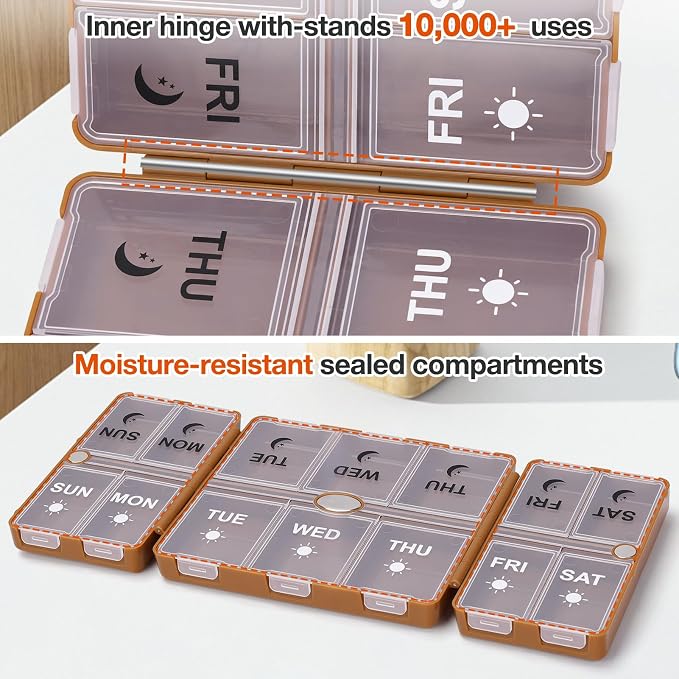 FYY Weekly Pill Organizer 2 Times a Day, Magnetic Travel Pill Box AM PM with Easy Open – 7-Day Daily Pill Case Medicine Organizer for Vitamins,Supplements - Brown