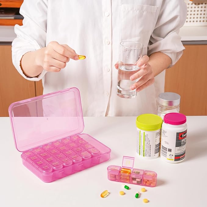 Zoksi Pill Organizer 4 Times a Day, 7 Day Pill Box with Removable Daily Cases, Large Medicine Organizer for Pills, Vitamins and Supplements, Easy Open 180 Degree Lids, Travel Pill Case