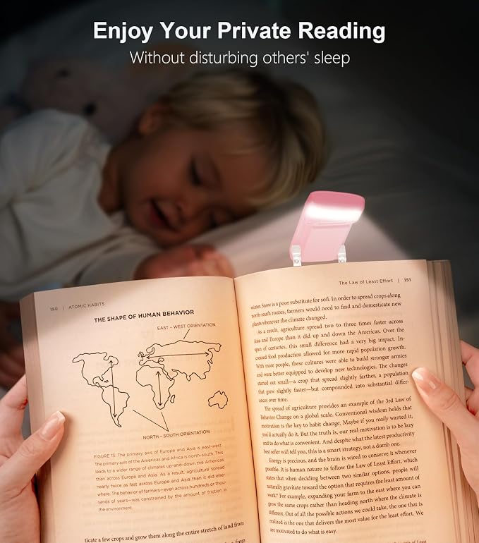 Gritin Book Light Rechargeable, Clip on LED Reading Light for Books in Bed | Eye Caring 3-Color & 5-Brightness, Stepless Dimming, Long Lasting, Compact Size Flexible Book Lamp for Bookworms-Warm Pink