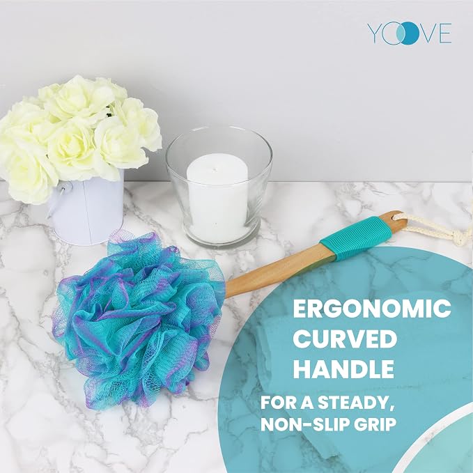 Yoove Body Scrubber Loofah with Handle - Green Shower Pouf | Charcoal infused shower loofah with long handle - back scrubber for women - exfoliating bath pouf for deep skin cleansing