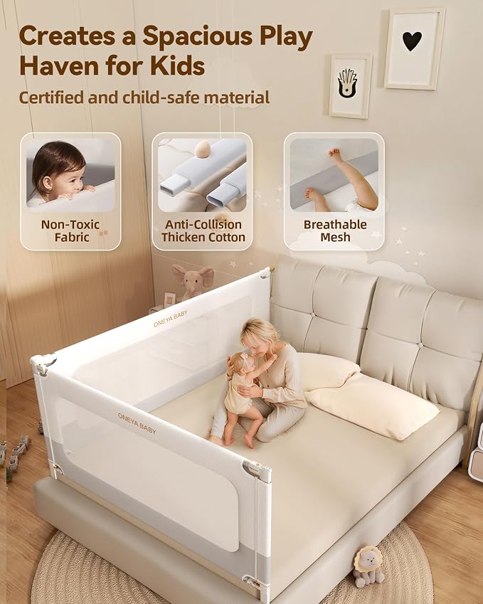 2 Piece Bed Rails for Queen Bed,No-Drill Baby Safety Guard 60”x78.7” | Thickened Baby Bed Rail Guard for Toddlers Kids, No-drill Install, Dual Childproof Locks, 24 Height Settings,White/Grey