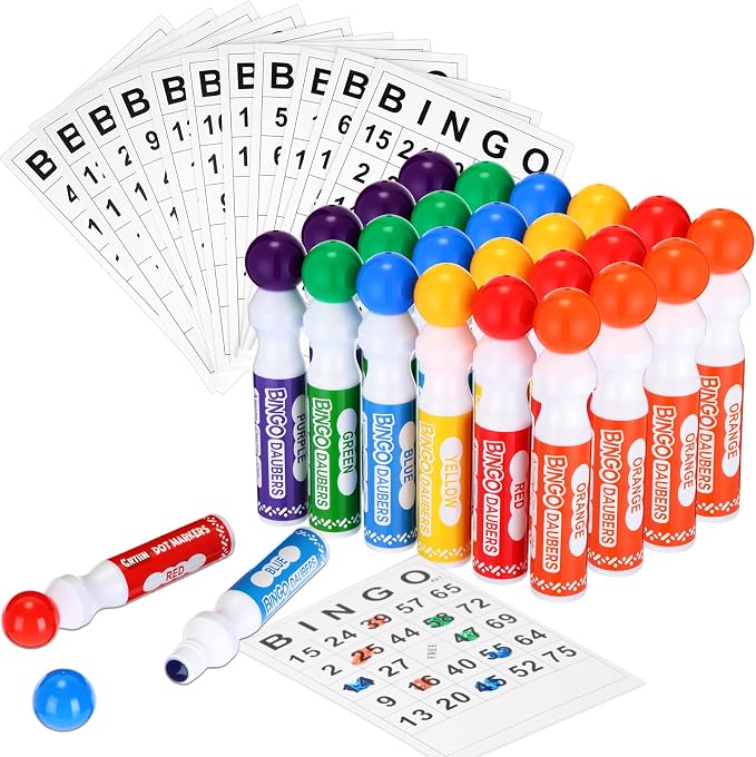 Crtiin 204 Pack Bingo Game Cards and Daubers Set Includes 180 Disposable Paper Game Sheets, 24 Mixed Colors Dot Markers Party Supplies for Card Games Activity Family Gathering Night