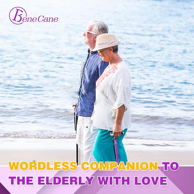 BeneCane Walking Cane for Women Folding Cane for Men with Two Led Lights Quad Cane with Stable Base Lightweight and Adjustable Walking Stick