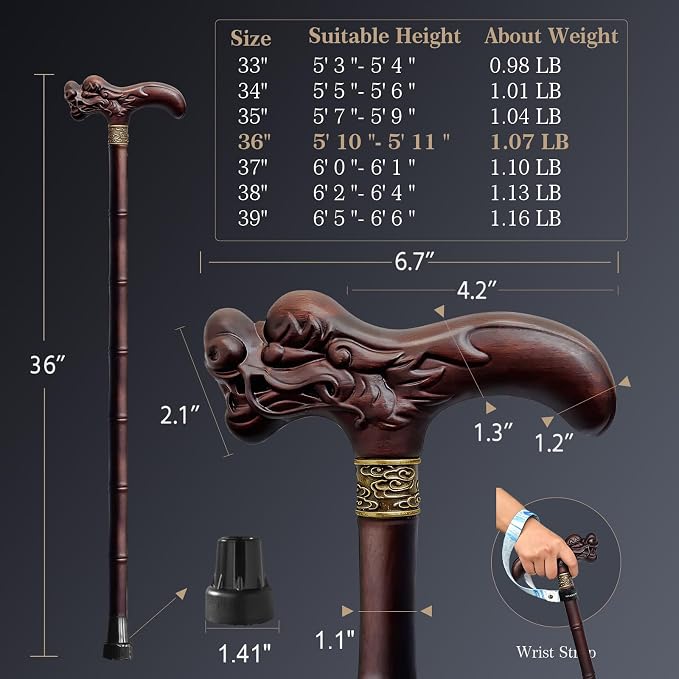 Wooden Walking Cane, 3D Dragon Engraved Cane Support up to 400 lb, Canes for Seniors Men Women of Different Heights